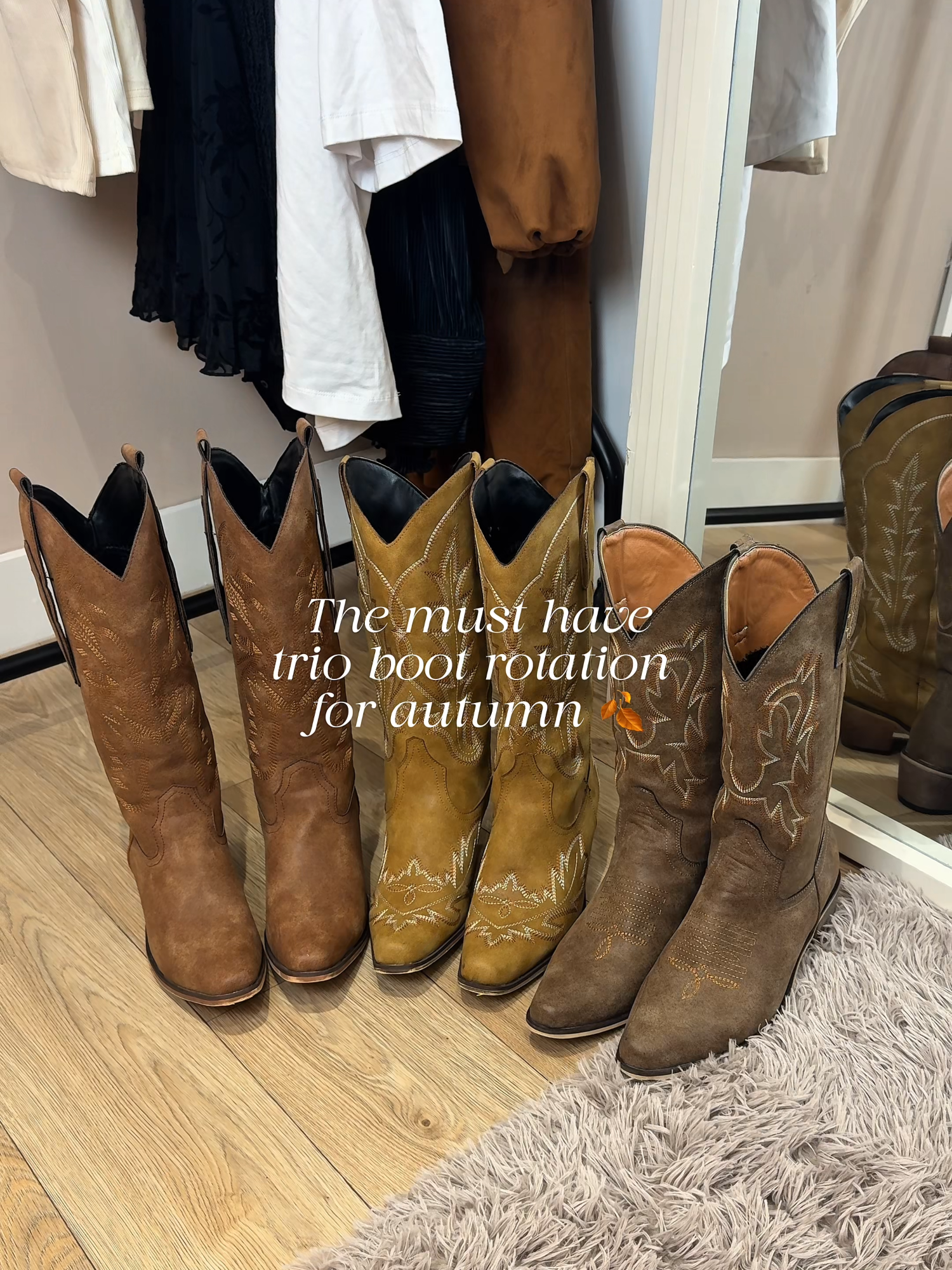 The ultimate TRIO for this autumn! 🍂 Shop these gorgeous boots now... 🤎 #cowgirlboots #cowboyboots #outfitoftheday #autumnal #autumnoutfits #autumnishere #cowgirlbootsoutfit #grwm #bootrotation #shoerotation #musthave #widecalfboots