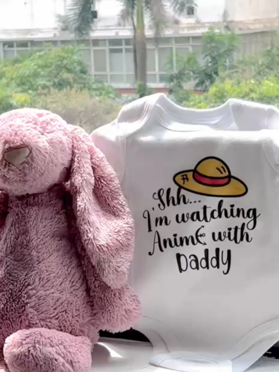 Daddy + Anime + Baby = cutest watch party ever 💕✨ #BabyHumor #OnesieLife #tiktokshop #shopping #babyclothes #babystyle #onesie #trending #babyhumor #MomsofTikTok #baby #daddy #anime #dadsoftiktok #viral