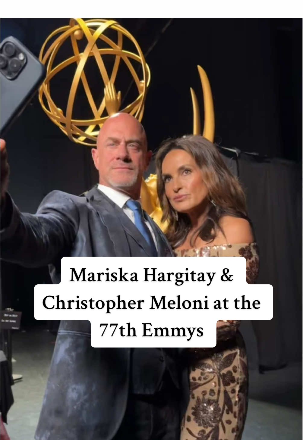 Backstage partners in crime. 💛 Law & Order stars - Mariska Hargitay & Christopher Meloni take a quick selfie backstage at the #77themmys. 🤩  #Emmys #televisionacademy #lawandorder #oliviabenson 