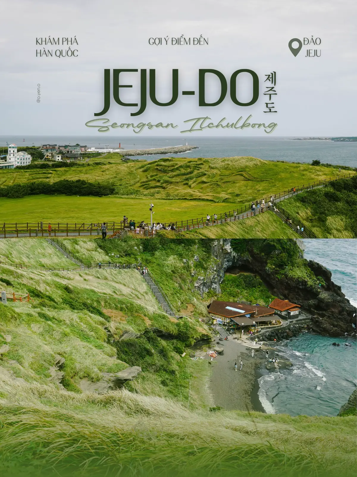 Mình được dịp ghé Jeju vào độ sang thu, khi con đường gỗ dẫn lên đỉnh Seongsan Ilchulbong phủ một lớp xanh mướt trên sườn núi, pha lẫn ánh vàng đã bắt đầu ngả màu. Lúc này, không khí đã se lạnh, gió biển từ đại dương thổi qua vách núi tạo cảm giác vừa hùng vĩ vừa tĩnh lặng. 🌊 Leo núi đối với mình chưa bao giờ là dễ, vì vậy hãy chuẩn bị một chai nước bên mình, nếu mệt có thể ngồi lại, lặng lẽ nhìn khung cảnh bao quát một phần của đảo Jeju, phía xa là biển cả bao la, nơi những cơn sóng vỗ từ xa vượt trùng để chạm được vào vách núi, và cảm nhận không khí thật trong lành giữa hơi lạnh của biển cả. Đứng nơi đỉnh núi ấy, người ta dễ thấy con người thật nhỏ bé giữa khoảng trời mênh mông, giữa thiên nhiên rộng lớn. Trong cái tĩnh lặng chỉ có sóng biển, gió trời, ta bỗng lắng nghe được cả sự êm dịu trong lòng.🍃✨ #jejuisland #jejudo #visitjeju #seongsanilchulbong #dulichhanquoc 
