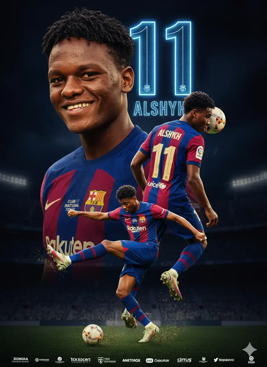 قم بانشاء ملصق سنيمائي محترف لقرة القدم يعرض راجع الصورة ] احتفظ بالوجه والشكل والشعر والزوايه الاصليه تماما كما في الصورة اظهر الشخص في ثلاثه وجهات نظر . صورة عن قرب فائقه مع قميص النادي او المنتخب 