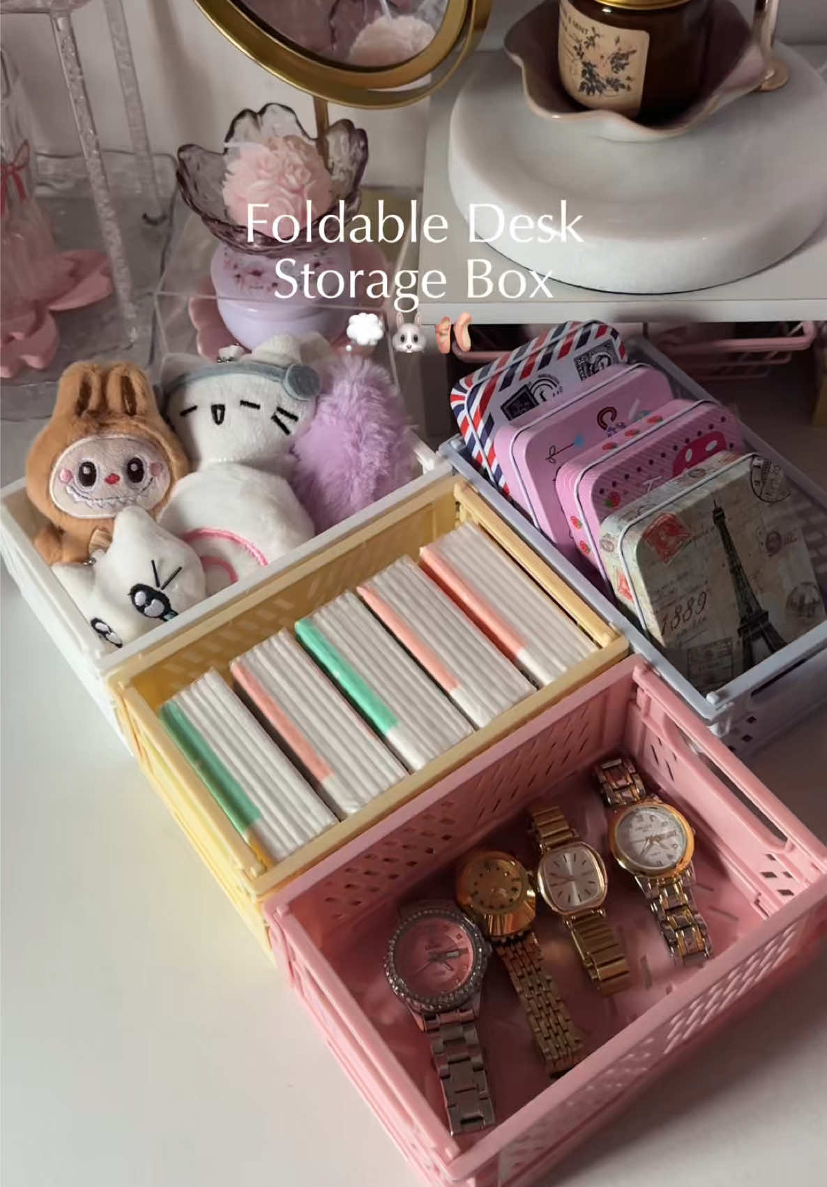 Organize your desk with this foldable & stackable storage box organizer 🐰✨🩰 #foldablestoragebox #stackablestoragebox #basketorganizer #foldabledeskorganizer