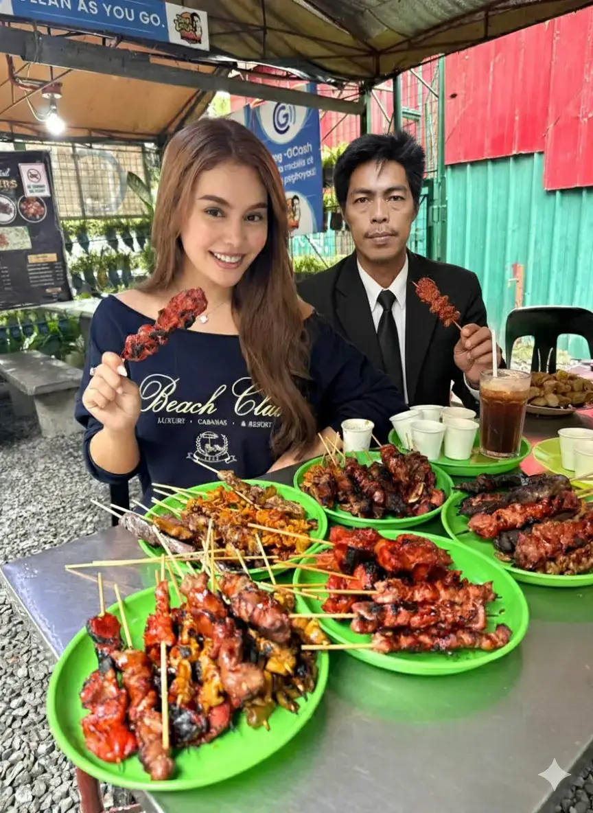 Prompt: A man and a woman sitting together at a table, eating barbecue. They are wearing formal clothes, keeping the exact same faces, looks, and appearance as in the reference picture. Do not change or alter their features, style, or identity. Just place them in the scene, sitting at the table while eating barbecue, with realistic food and table details visible. Natural lighting, Filipino dining atmosphere.