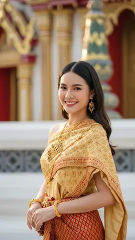 #Ai  หญิงไทยในชุดไทยสีทองอร่าม อย่างสง่างามพร้อมรอยยิ้มอ่อนโยน สื่อถึงความงดงามเรียบร้อยและเสน่ห์แห่งวัฒนธรรมไทยที่ประณีตละเมียดละไม #ชุดไทย #ความงดงามแบบไทย #รอยยิ้มอ่อนโยน #thailand 