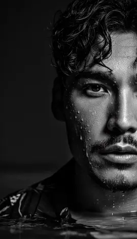 GEMINI AI PROMPT ➡️ Create a high-contrast black-and-white close-up portrait of the man in the reference photo.   Depict only the right half of his face, partially submerged in water with droplets and bubbles clinging to his skin and hair.   Illuminate the right side of his face dramatically, while casting the left side into deep shadow against a dark background.   Focus on hyper-detailed skin texture, wet hair strands, beard stubble, and the sharp intensity of his eye.   The lighting should evoke a moody cinematic atmosphere, creating tension and depth with chiaroscuro contrast.   Style: fine-art editorial, super realistic, dramatic composition.   Aspect ratio: 4:5, ultra-high resolution.
