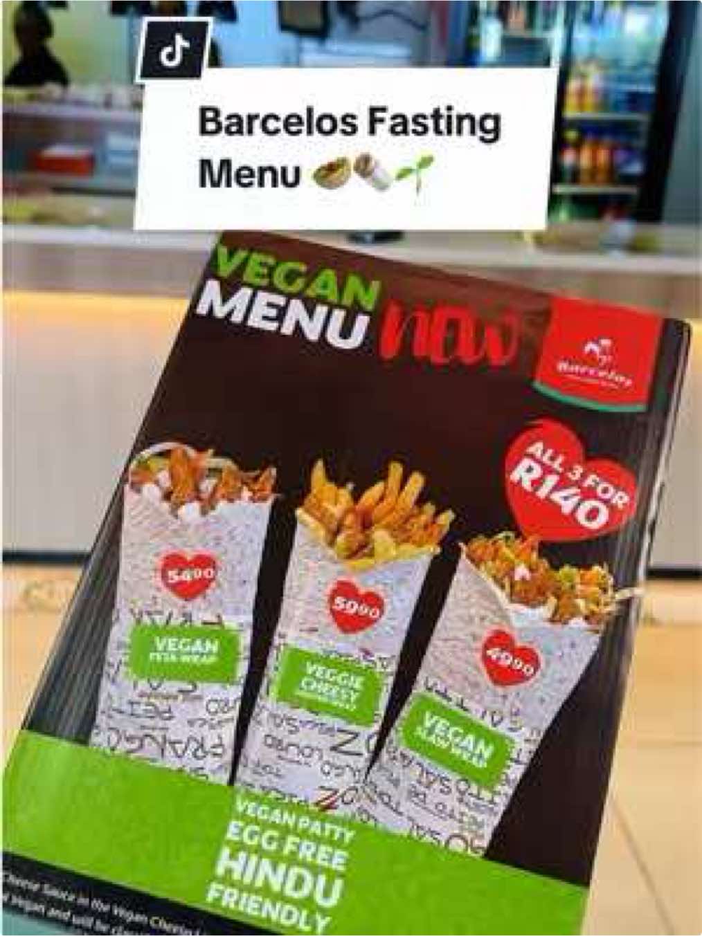 @Barcelos South Africa Vegan & Vegetarian Menu Plug 🌱🥙✨ They’ve introduced new wraps for the fasting period, you can order them individually or grab all three for just R140. We tried the Vegetarian Feta Wrap (The Feta is NOT vegan) and the Veggie Cheesy Wrap. Loved both, but the Veggie Cheesy is my fave, with chips and cheese, it’s very tasty! For dinner, we ordered their Vegan Shawarma and Veggie Delicious.  I love that they’ve created an affordable menu, especially during fasting. And their Bombay Crush Milkshake is a must try… it just hits the spot, they definitely don’t hold back on the ice cream and sabja seeds! This was at the Barcelo’s at Gateway. #barcelos #foodtiktok #w#WhereToEatpurtassi ##FoodiesOfTikTok