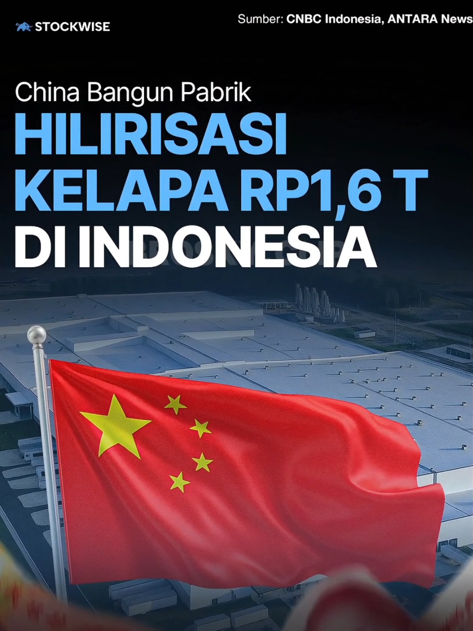 China bangun pabrik hilirisasi kelapa di Indonesia Rp1,6 triliun.  Berita: Menteri Investasi/Kepala BKPM, Rosan Perkasa Roeslani, menyatakan bahwa salah satu perusahaan Tiongkok telah melakukan groundbreaking untuk pabrik pengolahan kelapa di Indonesia dengan nilai investasi sebesar 100 juta dolar AS atau sekitar Rp1,67 triliun. Perusahaan ini merupakan yang terbesar di dunia di bidang pengolahan kelapa. Investasi ini menandai perubahan signifikan, di mana kelapa yang sebelumnya diekspor dalam bentuk mentah kini akan diolah di Indonesia. Selain pabrik tersebut, perusahaan Tiongkok lainnya, Huanlejia Food Group, juga berencana membangun pabrik pengolahan kelapa senilai 21 juta dolar AS di Sumatera Utara. #andryhakim #stockwise #kelapa #indonesia🇮🇩 #foryoupage 
