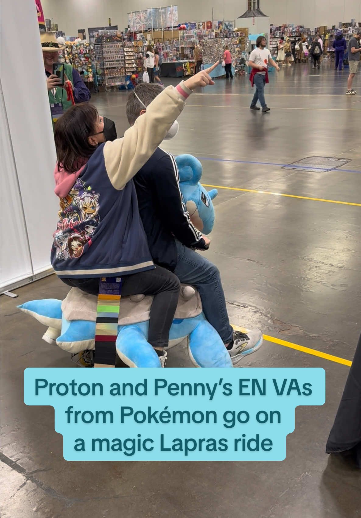 At MatsuriCon in Ohio, Proton’s English Voice Actor (Clifford Chapin) invited me (Penny’s VA)on a romantic Lapras ride. Things were going well until something unexpected happens….  Special thanks to @Team Rocket Con Challenges! for letting us borrow Pacifico the Lapras!  #pokemon #voiceactor 