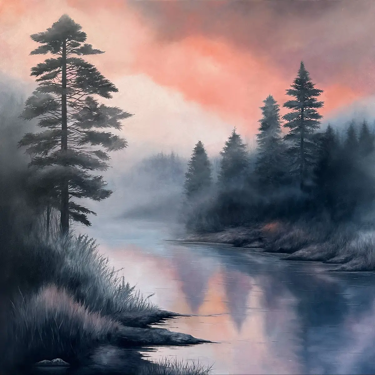 “First Light” is almost ready to find her person. There’s something about this one that feels like breath held just before the world wakes up. That moment when the trees are still, the water stirs, and the day hasn’t decided what it wants to be yet. She’s big, moody, and full of feeling — if she’s calling to you, send me a message for details.