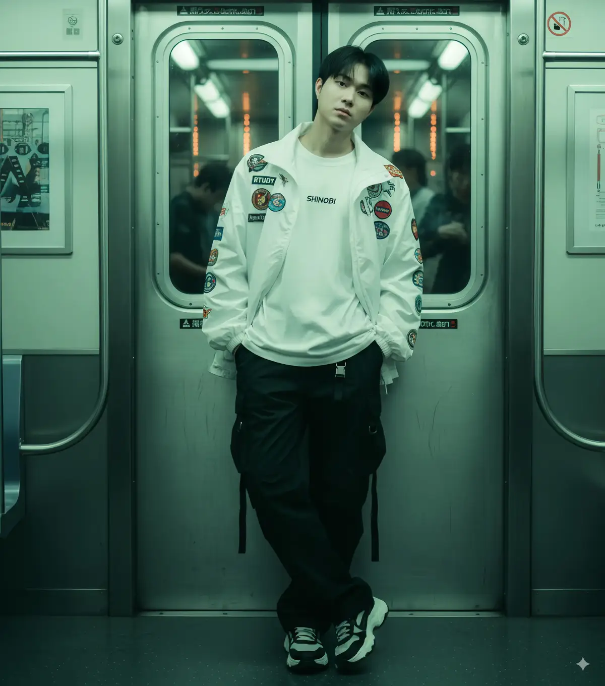PROMPT: Create a photo of a young man with an androgynous portrait style, sitting sideways on a passenger seat near the door inside a modern subway train, his head turned toward the camera. He is wearing a loose white t-shirt with a small 