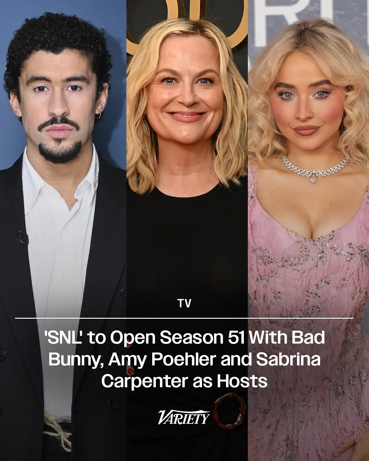 #SNL LINEUP RELEASED:  Oct. 4 – #BadBunny / Doja Cat Oct. 11 – #AmyPoehler / #RoleModel Oct. 18 – #SabrinaCarpenter / Sabrina Carpenter
