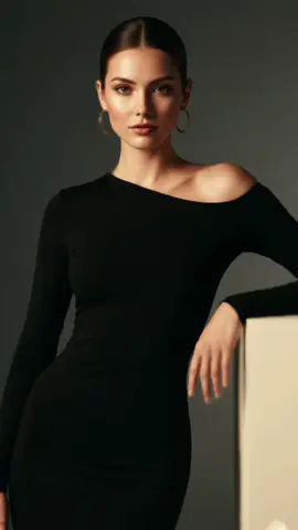 Use this face without modifying it and create a high-end, ultra-realistic personal portrait. The image shows a woman posing with great elegance in a minimalist and dramatic environment. She is resting one hand on a white surface while the rest of her body extends to the left of the frame. Her posture is upright and sophisticated, conveying confidence and presence. She is wearing a tight-fitting black dress or outfit, with long sleeves and an asymmetrical neckline that leaves one shoulder exposed, highlighting the collarbone and neck. Her skin glows with a satin effect due to the lighting, giving a glamorous and cinematic vibe. She wears large hoop earrings, adding an elegant and striking detail. Do not modify the face. Her makeup is carefully done: lips defined in a nude-reddish tone, contoured cheekbones, and slightly shaded eyes, with her hair fully tied back in a clean look style. Lighting is key to the aesthetic of the photo: a hard, directional light source comes from above and one side, creating strong contrast and deep shadows on the body and face. This produces a sculptural, almost theatrical effect, where the volumes of the face and shoulders stand out three-dimensionally. The background is a soft gradient in blue-gray tones, darkening toward the top, adding drama and depth to the scene. The composition is clean, with a predominance of negative space around the subject, emphasizing sophistication and absolute focus on her. About the lens: Based on the perspective and minimal background blur, a medium focal length prime lens (between 50mm and 85mm) was likely used. These lenses are classic in fashion portrait photography because they maintain natural proportions of the face and body, avoiding distortion. A 50mm f/1.8 or f/1.4 lens could have been used for a more versatile look with some depth of field. An 85mm f/1.8 or f/1.4 lens is more likely, as it offers soft compression, highlights the figure in a stylized way, and keeps the background clean but with some detail.#prompt #gemini #prompterchallenge 