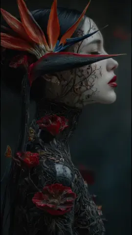 elegant horror art work woman with red lipstick and floral patterns, queen of the night #horrorart #surreal #aiviral #viralvideos #aiart 