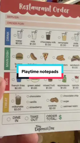 Playtime note pads just make pretend play so much more fun! #pretendplay #kidsactivities @TinyExpressions #notep #menu 