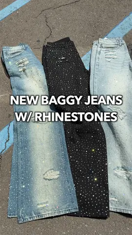 Upgrade your drip game with one of our Denim baggy rhinestone jeans. Which color are you rocking with? 