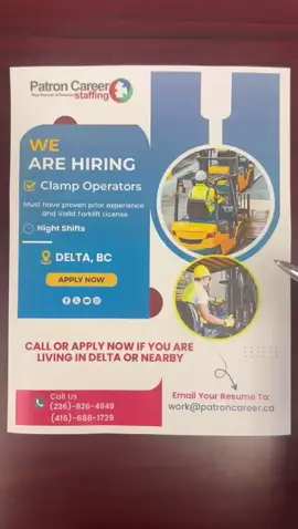 🚨 NOW HIRING – Clamp Operators!  Looking for a great opportunity in Surrey, BC? Join our team for night shifts and put your forklift skills to work! 💪🚜 ✅ Prior experience required ✅ Valid forklift license ✅ Steady night shift work 📍 Location: Delta, BC 👉 Apply Online: patroncareer.ca/Job_Apply_Form.html 📧 Send your resume: work@patroncareer.ca 📞 Call us: (236)-826-4949 | (416)-688-1729 #NowHiring #ClampOperators #ForkliftJobs #SurreyBCJobs #PatronCareer #WarehouseWork #JoinOurTeam #reels #jobsinbc #viral #fypshorts #deltajobs #jobsindeltabc
