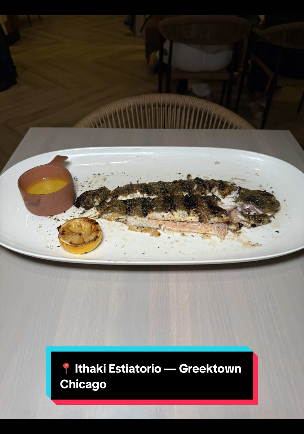 Ithaki Estiatorio is looking to bring Chicago’s Greektown BACK BACK. It’s a phenomenal new addition to a neighborhood that’s been desperate for something to bring the magic back. Ithaki has all the vibes of old school Chicago Greektown — Flaming Saganaki, amazing flavors and, yes, free valet — but with a more modern angle on it. The space is much more modern and the food brings modern Greece to Chicago. Yet, something feels so familiar about it in the best way, too. It’s amazing to have a third big anchor to Greektown again. If you haven’t been, go. They’re off to a great start and sure to only get even better, especially with so much fresh seafood constantly coming in from the Mediterranean! Here’s what I had: 1. Wood Oven Octopus: Marinated Onions, Olive Oil, Burnt Lemon 2. Spreads: Spicy Feta, Tzatziko, Taramosalata 3. Saganaki: Thyme, Lemon 4. Watermelon Carpaccio: Watermelon, Barrel-Aged Feta, Lemom Vinaigrette, Mint, Dill, Mykonos Greek Spice 5. Dover Sole, Lemon Beurre Blanc 6. Sokolatopita: Chocolate Cake, Dark Chocolate Mousse, Candied Zest, Honey Tuile Feathers #chicagofood #chicagorestaurants #greekfood #greek #chicagotiktok 