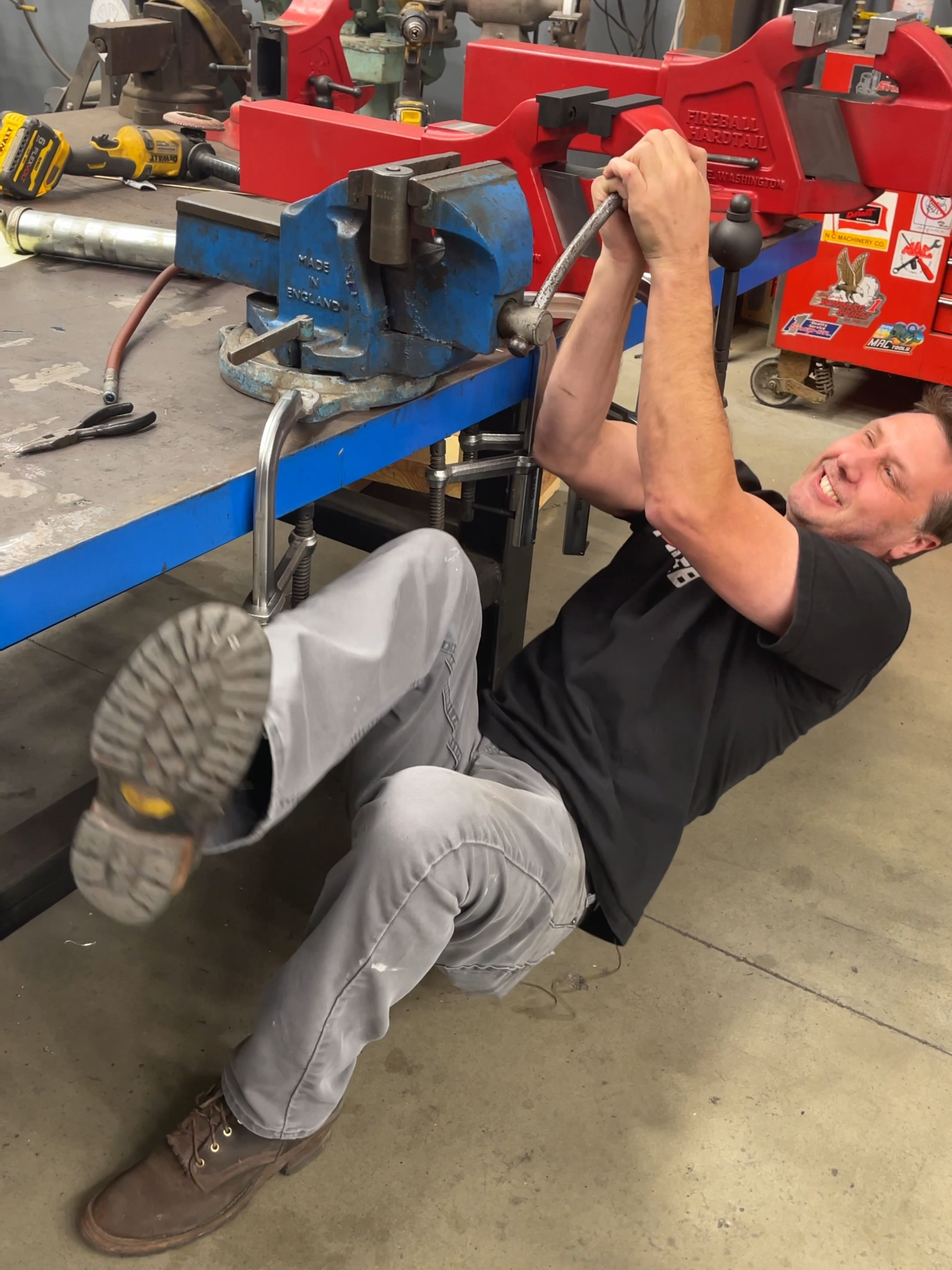 Can your vise handle this? We clamped a greased socket on the very edge of the Record Number 6 and the Fireball 510 Vise. Then we applied HUNDREDS of pounds of tourque. Can you guess which one did better? Find the Fireball Tool 510 Hardtail vise only at: . Fireballtool.com . . . #FireballTool #welding #vise #force #tools