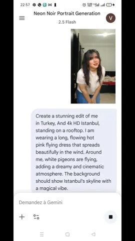 the prompt 📸 :Create a stunning edit of me in Turkey, And 4k HD Istanbul, standing on a rooftop. I am wearing a long, flowing hot pink flying dress that spreads beautifully in the wind. Around me, white pigeons are flying, adding a dreamy and cinematic atmosphere. The background should show Istanbul’s skyline with a magical vibe.#ai #gemini #turkish #aiimages #prompt 