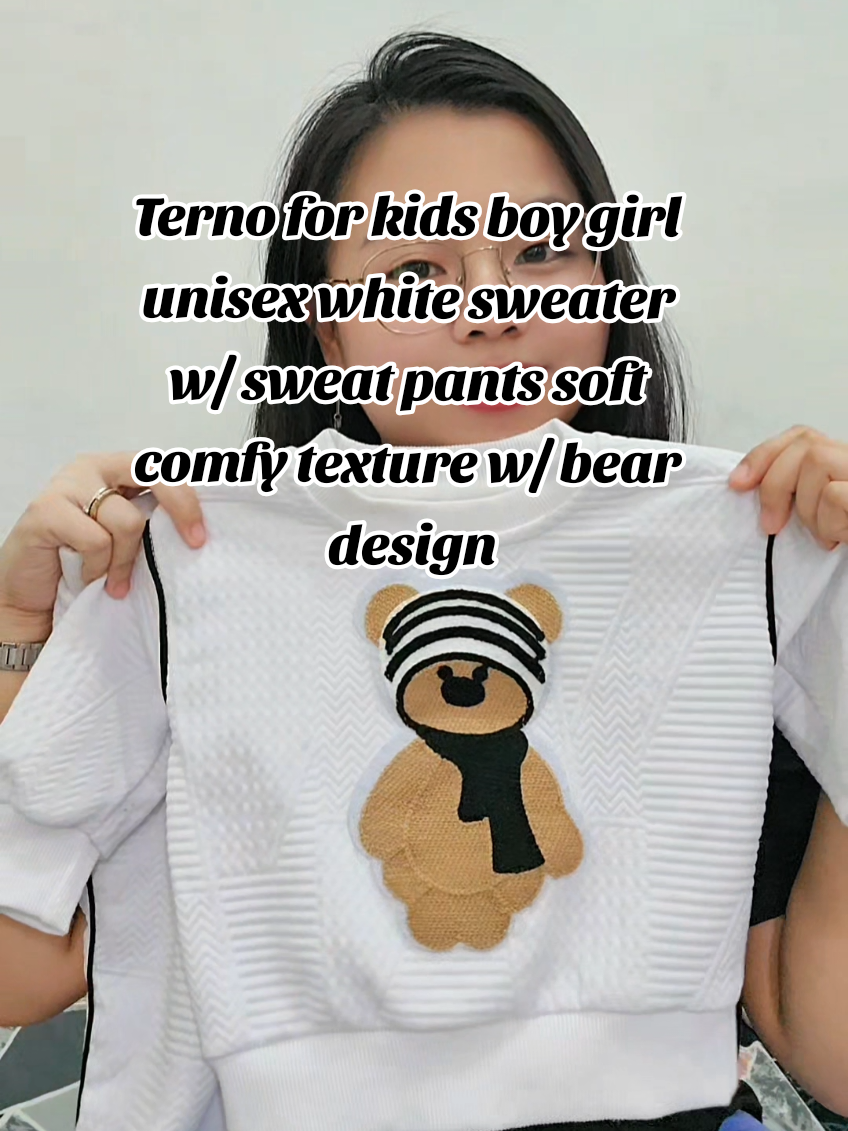 Ang lambot at comfy ng terno na ‘to 😍 Unisex kaya perfect for both boys and girls! Cute na, breathable pa—sulit na pang-alis o pang-bahay 🐻✨ #KidsOOTD  Terno for kids boy girl unisex white sweater w/ sweat pants soft comfy texture w/ bear design D10 kids terno set unisex boys and girls outfit comfy sweater and pants for kids bear design kids clothing cute outfit for toddler / kids fashion #KidsFashion  #ootdforkids  #UnisexOutfit #ComfyWear 
