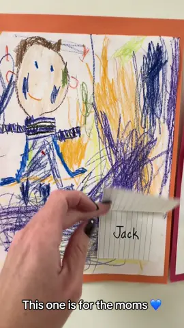 I just got home from my son’s kindergarten open house, and I wasn’t expecting to cry! We were instructed to find our child’s art in the hallway before taking our seats. The game was to guess your child’s art along with something that they said they love. We could then lift up the name tag to see who it belonged to. A few of the things kids said were “butterflies, trucks, bugs, art class” etc. As I was looking around I heard a few other moms talking about one drawing, “Oh my gosh! Who does this belong to?” “How sweet is that!” I looked at the one they were huddled around, eyes immediately filled and I was able to say “Oh my gosh!!! Jack is my son” 💙 #boymom #mamasboy #MomsofTikTok #school #fullheart 