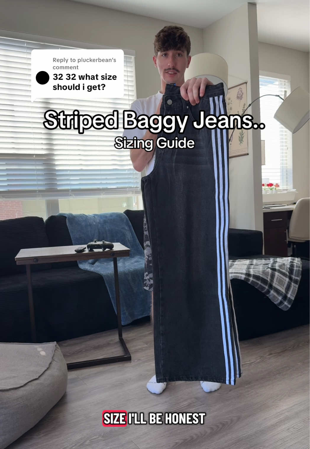Replying to @pluckerbean sizing guide for baggy jeans also posted in the product description in the orange cart  #mensjeans #baggyjeans #stripedjeans 
