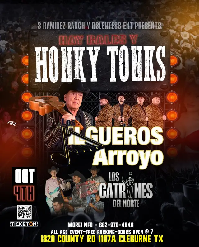 🔥🔥Cleburne Tx 🔥🔥 Hay Bales Y Honky Tonks 🗣️ Saturday October 04  All age Event.  🛑Los Jilguero Del Arroyo  🛑 Los Catrines Del Norte  Tickets at  ❇️Mexicano Grille in Cleburne  ❇️Lee's Western Store in Joshua Tx  3 Ramírez Ranch y R3lentess Ent  #saturdaynight #cleburnetx #JoshuaTX #sandibustamante #eventosvip     . @highlight Sandi Bustamante Sandi Bustamante