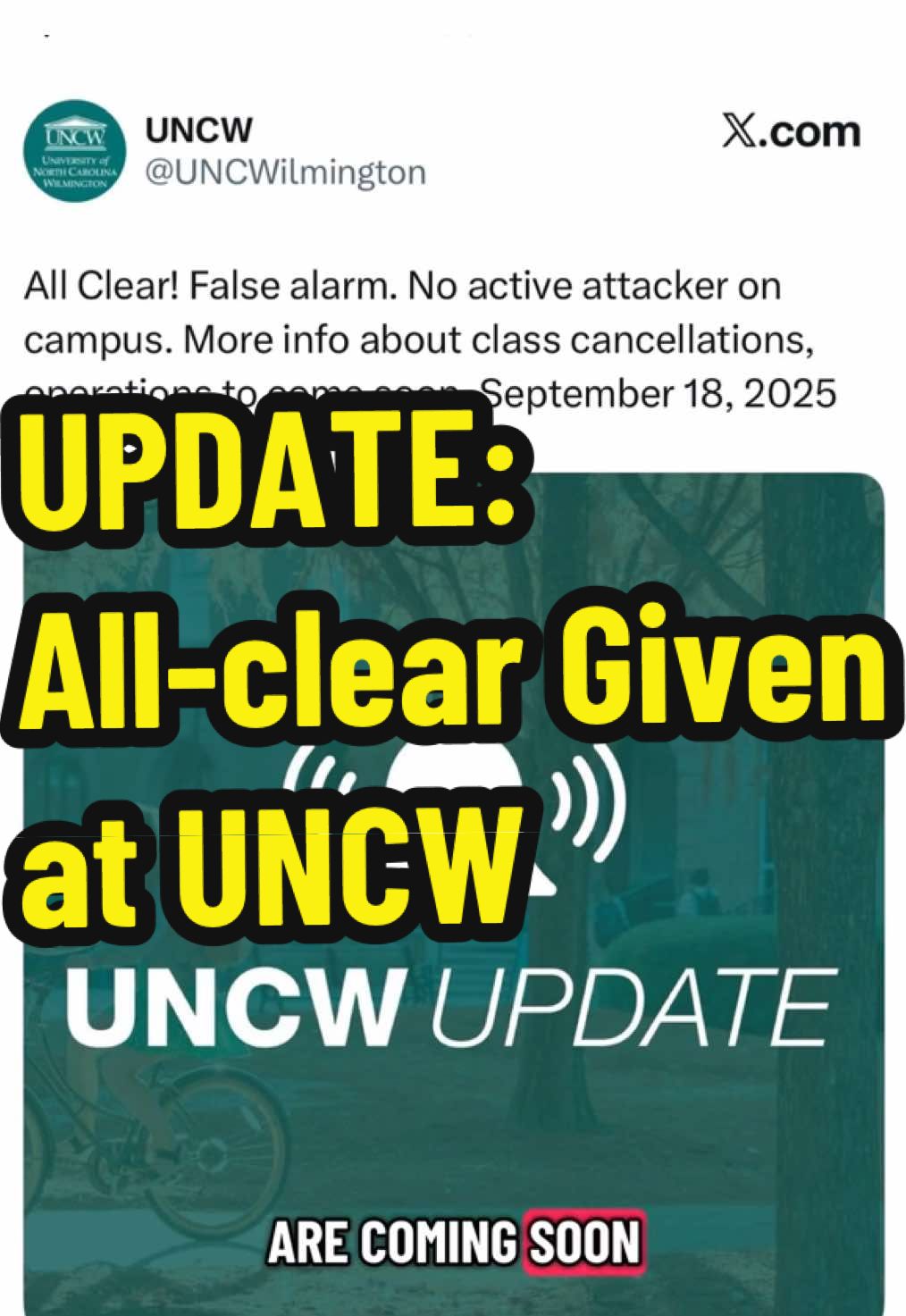 9/18/25 UPDATE:  All-clear given at #uncw @WRAL #raleigh #wilmingtonnc 