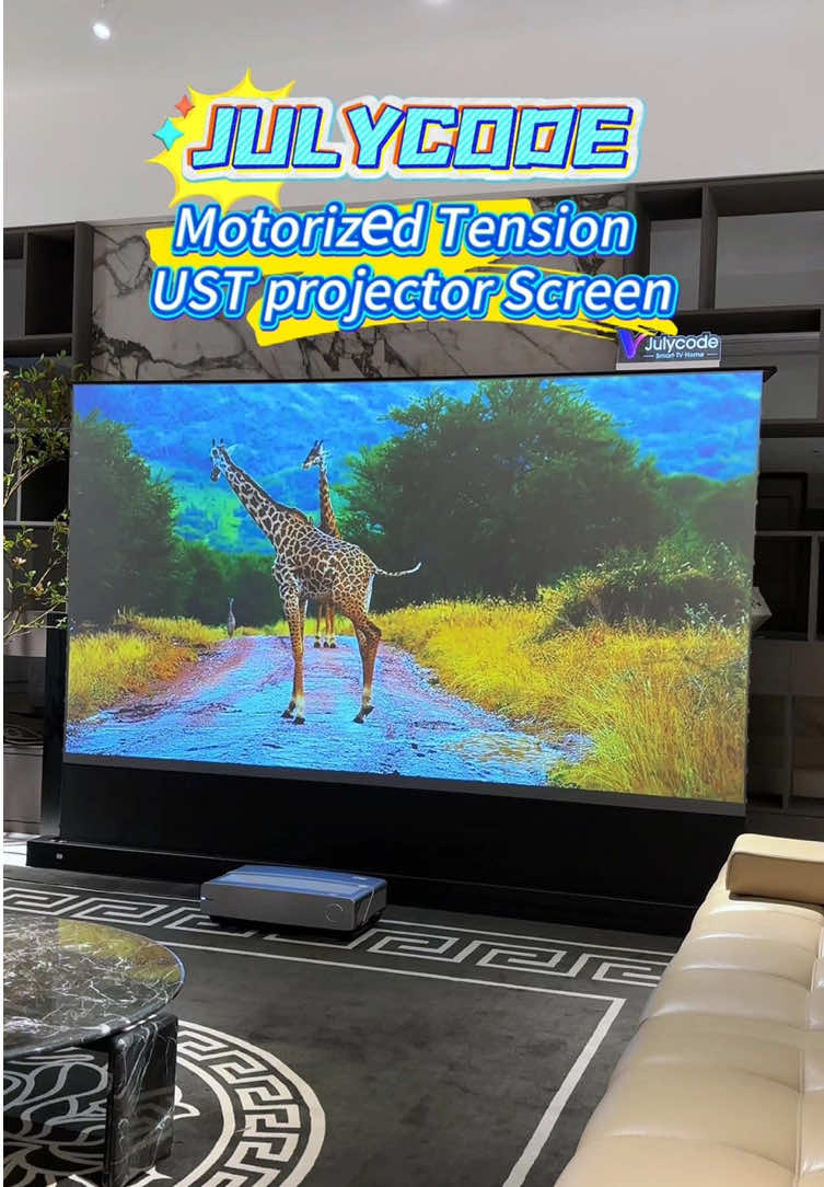 Julycode 120”inches ALR Projectorscreen for UST projectors,It is very clear both day and night.#hometheater #lasertvcabinet #lasertv #julycodescreen #projectorscreen 
