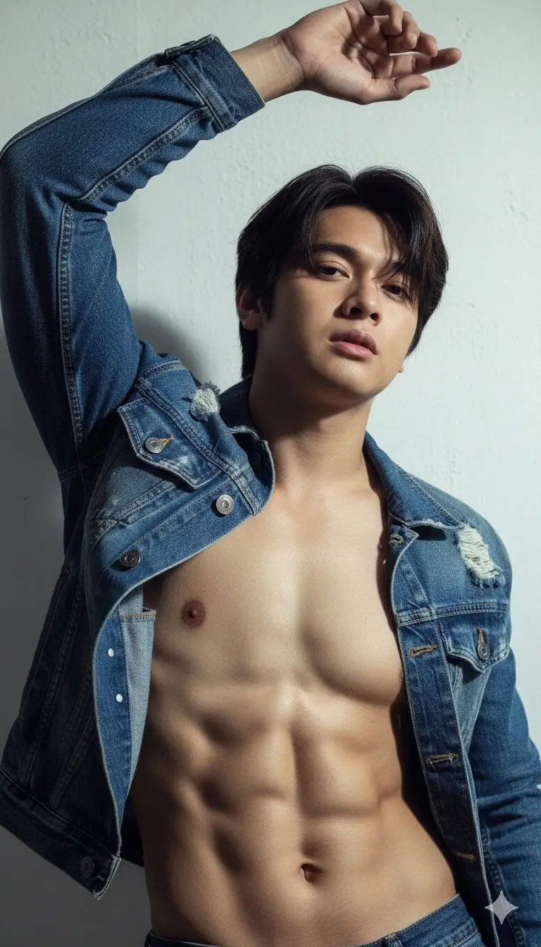 Prompt : Create a hyper-realistic 8K portrait of a male model in a Calvin Klein-inspired professional photoshoot. The model is wearing only an open denim jacket, exposing defined abs, in a confident pose with one arm raised above the head — similar to the provided reference photo. The look should be clean, minimal, and fashion-forward, with soft studio lighting and high contrast shadows that emphasize the textures of the denim and skin. Use the provided face photo as reference for the model’s likeness. Render with ultra-detailed skin, hair, and fabric textures to achieve a cinematic, editorial finish. #ai #fyp #prompt #fyppppppppppppppppppppppp #gemini 