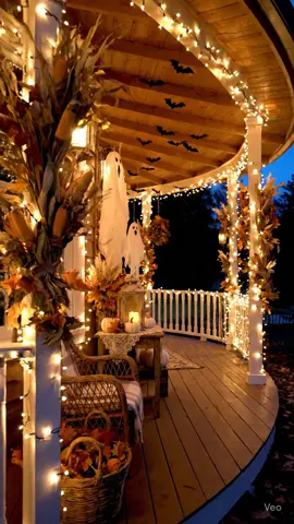 What do you guys think? I LOVE it! Especially the hanging ghosts! #fallhomedecor #cozyvibes #fall #FallAesthetic #autumn 