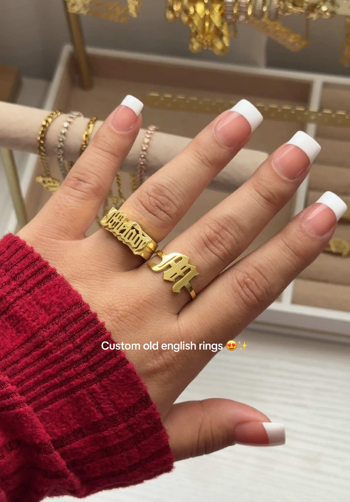Shop these Old English cuties + more at melodysdivine.com 💌💋 #customring #initialring #customjewelry #rings #ringstack #goldjewelryaesthetic #goldplatedjewelry #melodysdivine #foryoupage 