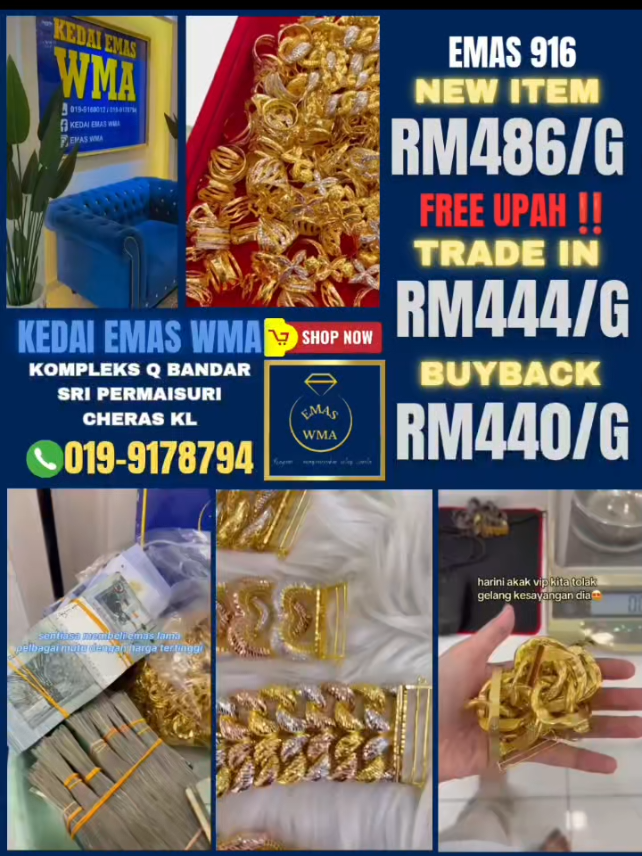 KEDAI EMAS WMA CHERAS 💙 JOM KUNJUNGI KEDAI KAMI SEKARANG‼️ PROMOSI🔥PROMOSI🔥 PROMOSI HARI MINGGU‼️ NAK BELI EMAS BARU ✨ JUAL EMAS LAMA⁉️💵💰 ✅TRADE IN TERTINGGI📈 ✅FREE UPAH  ✅FREE CUCI EMAS  JOM SINGGAH KE 🩵KEDAI EMAS WMA💙 TAMBAH KOLEKSI EMAS ANDA 🤩TUKAR EMAS LAMA JADI EMAS BARU😍‼️🔥🔥 #emaswma #selfreward #hargamampumilik 