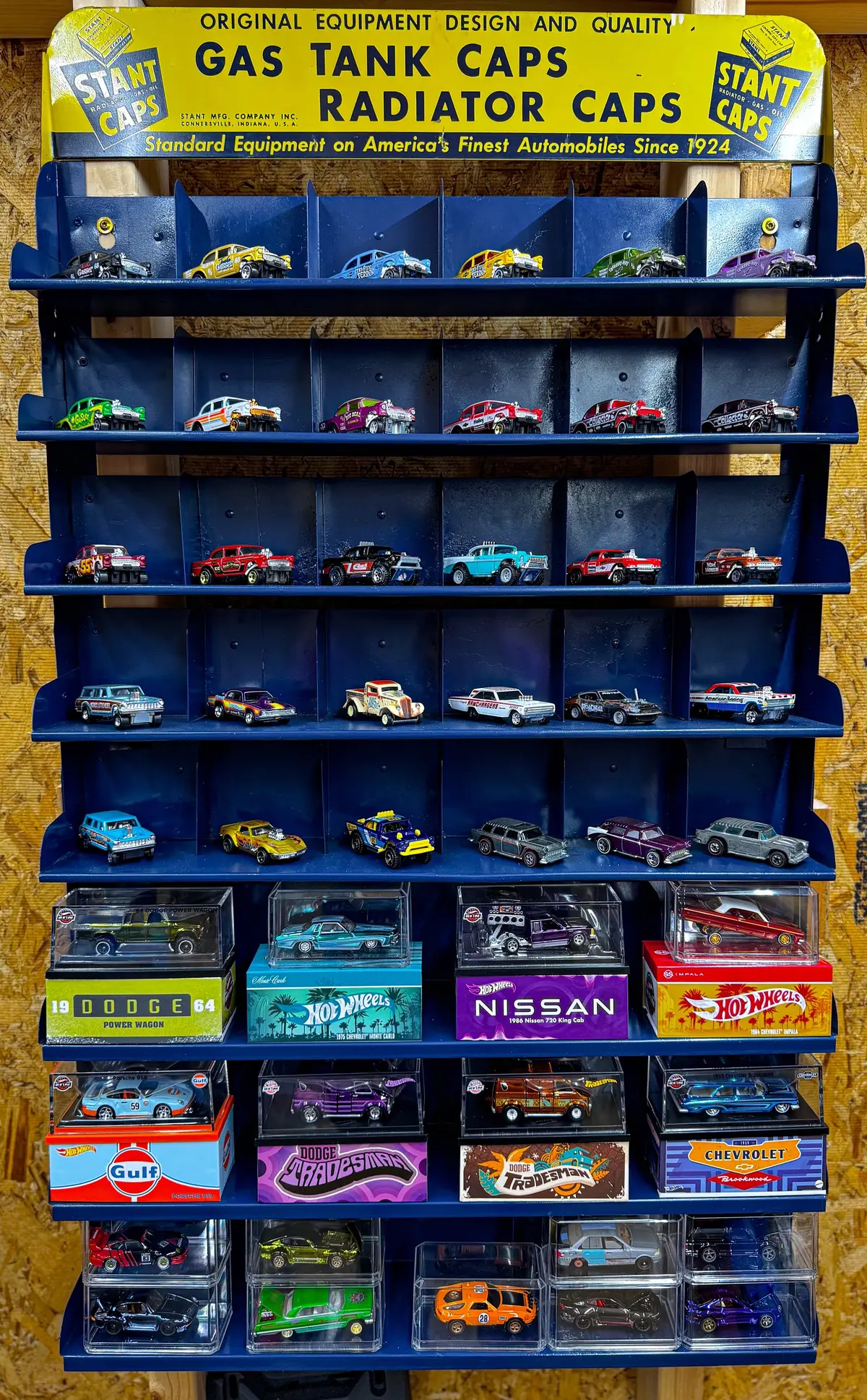 Repurposed the old radiator and gas cap display to show my hot wheels. #hotwheels #mattel #gasser #redlineclub 