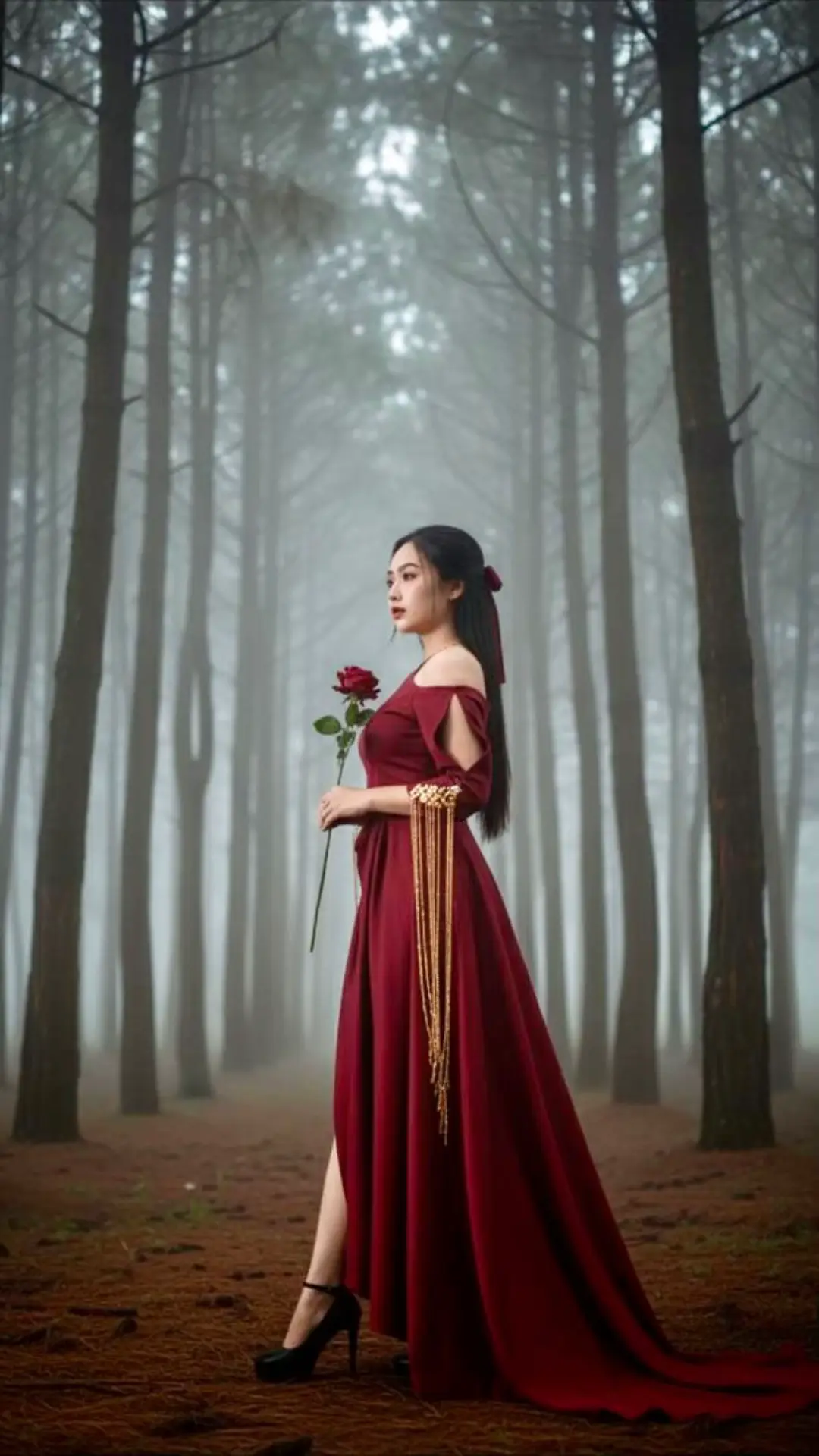 Step 1. Buka Chrome ketik Google Gemini AI Step 2. Tekan  (+) masukkan foto dari gallery Step 3. Tulis prompt : Ubahlah foto tanpa merubah bentuk wajah. Seorang wanita muda yang berpose berdiri, diambil dari arah samping, di dalam hutan pinus. menampilkan pose memegang setangkai bunga mawar maroon mengarah ke tanah.  Wanita itu memakai gaun panjang berwarna maroon lengan sebahu dengan hiasan emas di lengan gaun itu  menjuntai hingga ke tanah.  sepatu hak tinggi hitam yang elegan, dan gaya rambut panjang terurai rapi dengan pita di belakang kepala.  dengan efek cahaya gelap dan kabut yang dramatis, terutama dalam suasana hutan. Step 4. Kirim prompt dan tunggu hasilnya…. Step 5. Save hasil foto.  Selamat mencoba 🤗 #geminiai #promptgeminiai 