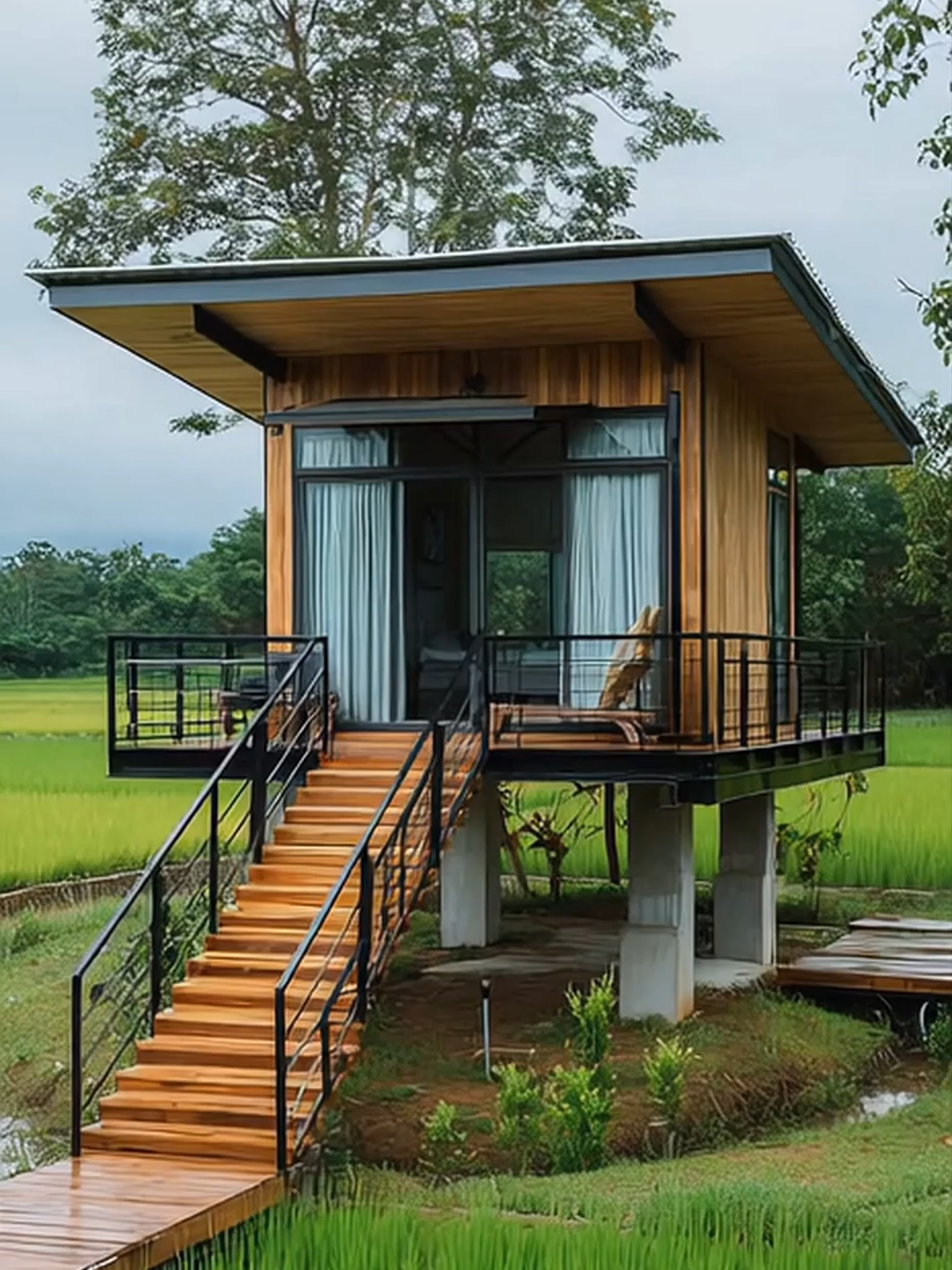 “🌾 Cabin กลางทุ่งนา ยกพื้นรับลม วิว 360° หลังคาเพิงหมาแหงน + กระจกเต็มผนัง นั่งจิบกาแฟเห็นรวงข้าวเขียว ๆ ทั้งวัน พื้นที่ใช้สอยประมาณ 32–36 ตร.ม. (ในบ้าน ~22–24 ตร.ม. + ระเบียง ~10–12 ตร.ม.) งบก่อสร้างเริ่มต้นราว4แสนบาท. ตามสเปกวัสดุ เหมาะทำโฮมสเตย์/เรือนพักส่วนตัว 1 ห้องนอน 1 วิวสุดใจ ❤️ #โฮมสเตย์ทุ่งนา #บ้านยกพื้น #ModernTropical #Cabin #บ้านไม้เทียม #กระจกเต็มผนัง #บ้านเล็กอบอุ่น #รีสอร์ตชนบท #บ้านชั้นเดียว