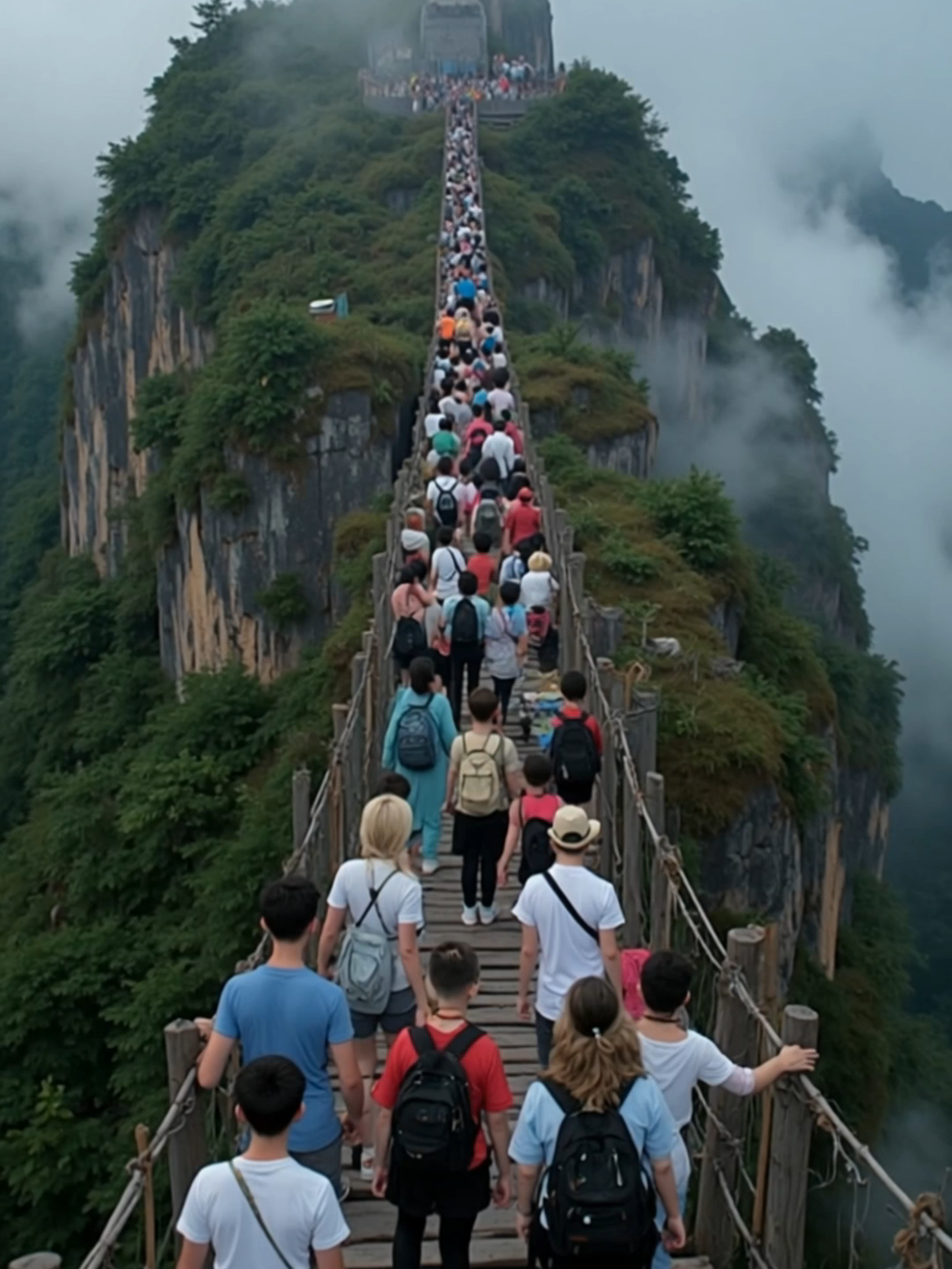 你绝对想不到！木桥突然崩塌，游客尖叫着掉下悬崖 #木桥断裂 #游客坠崖 #山间危险