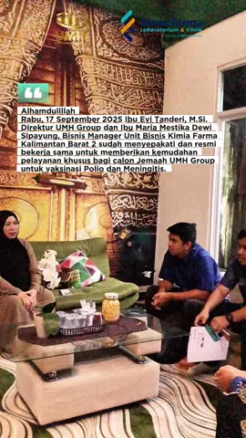 Alhamdulillah Rabu, 17 September 2025 Ibu Evi Tanderi, S,Pd.,M.Si. Direktur UMH Group dan Ibu Maria Mestika Dewi Sipayung, Bisnis Manager Unit Bisnis Kimia Farma Kalimantan Barat 2 sudah menyepakati dan resmi bekerja sama untuk memberikan kemudahan pelayanan khusus bagi calon Jemaah UMH Group untuk vaksinasi Polio dan Meningitis. Kini, UMH Group telah resmi bekerja sama dengan seluruh Kimia Farma di Kalimantan Barat. Sehingga calon jemaah UMH Group dapat dengan mudah memperoleh layanan vaksinasi yang aman, cepat, dan terpercaya sesuai standar Kementerian Kesehatan. Untuk melakukan vaksinasi 💉 bisa dilakukan di  Kimia Farma Sungai Raya Dalam (Serdam),  Kimia Farma Ahmad Yani,  Kimia Farma Adi Sucipto, Kimia Farma Jenderal Urip dan Kimia Farma di Ketapang. Khusus calon Jemaah UMH Group akan difasilitasi vaksinnya sehingga pelayanan lebih nyaman dan cepat. InsyaAllah harga promo hanya Rp 575.000 untuk calon Jemaah UMH Group yang akan Vaksin meningitis dan Polio melalui UMH Group. #umhgroup #kerjasama #kimiafarma #vaksinumroh #vaksinpolio   