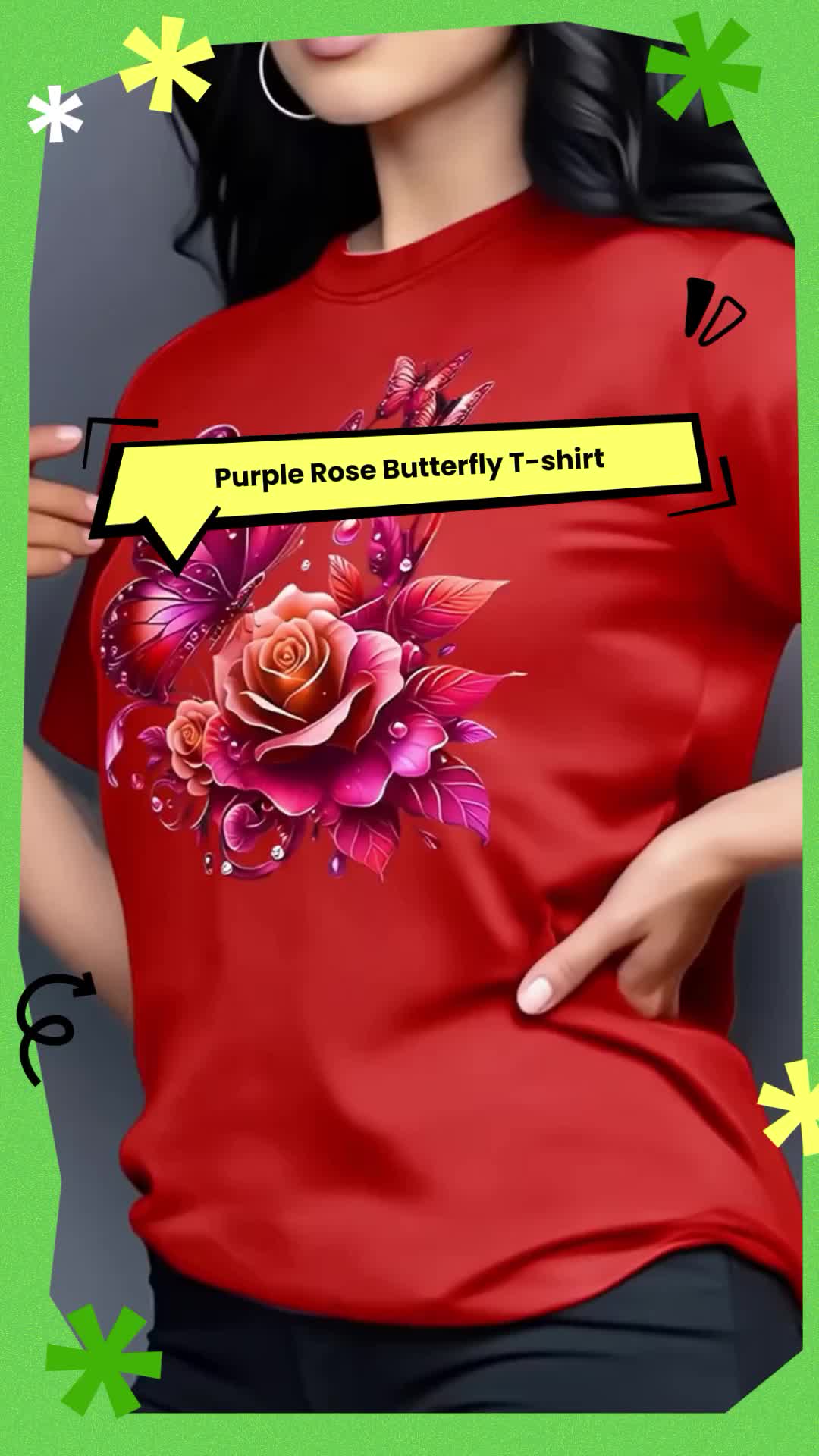 Purple Rose Butterfly Pattern Printed T-shirt, Short Sleeve Round Neck Casual Top Summer Spring, Women's Birthday Gift Holiday Gift Womenswear Black #shirts #teeshirt #tshirtdesign #teeshirts #womenshirt #womensshirt #springtops #womenstshirts #womensshirts #printedshirt