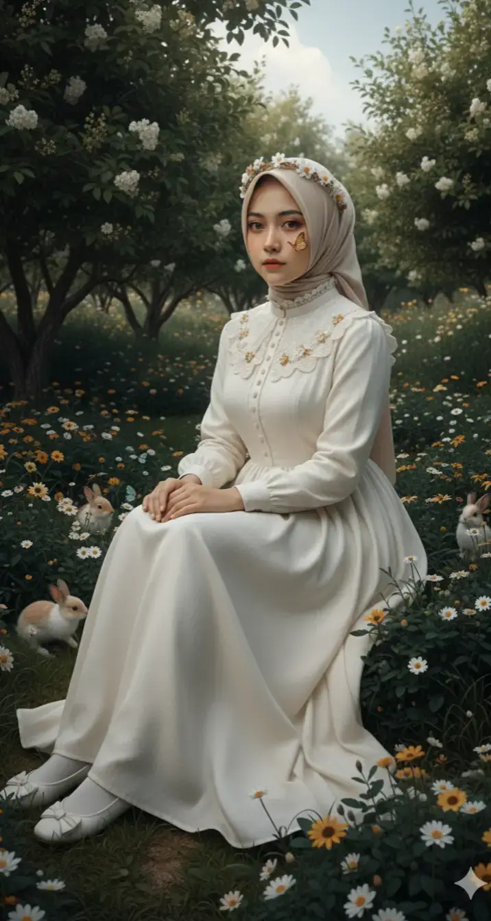 prompt : Edit foto ini tanpa merubah wajah aslinya menjadi manusia nyata (realistic portrait), ultra-detailed Pertahankan wajah asli sepenuhnya tanpa perubahan apapun. (kalau mau close up tinggal edit dan di tambahkan dan hapus yang tidak di inginkan) Subjek ditampilkan dengan mata menatap kamera, dengan makeup tipis bernuansa peach lembut. Bulu mata tampak jelas, lentik natural, dengan warna mata coklat gelap yang realistis. suasana indah di taman bunga penuh dedaunan kecil berwarna hijau gelap dengan bunga-bunga putih dan kuning dengan, langit cerah dan beberapa kelinci .memakai mahkota bunga menciptakan kesan intim, elegan, dan moody. Tambahkan beberapa kupu-kupu kecil realistis, hinggap di daun atau di wajah. dedaunan dan kupu-kupu menyatu alami dengan hijab. Busana subjek gaun berwarna pink  dengan nuansa vintage dan feminin panjang menjuntai dan bagian bawah lebar dan panjang memakai sepatu flat berwarna putih Bagian lehernya berkerah tinggi dengan detail kerutan halus. Pada area kerah terdapat hiasan bunga kecil berwarna putih dengan pusat bunga keemasan. Tone warna keseluruhan moody, earthy, dengan dominasi hijau gelap, putih lembut, dan pencahayaan redup dramatis. Fokus pada realisme manusia nyata dengan detail wajah, tekstur kulit natural, mata tajam, dan daun kecil yang jelas. pose (bisa di sesuaikan) duduk di antara bunga d taman bunga dengan bermain bersama kelinci pose menghadap samping jangan merubah wajah di foto. Pose lain #fypシ #gemini #trending 