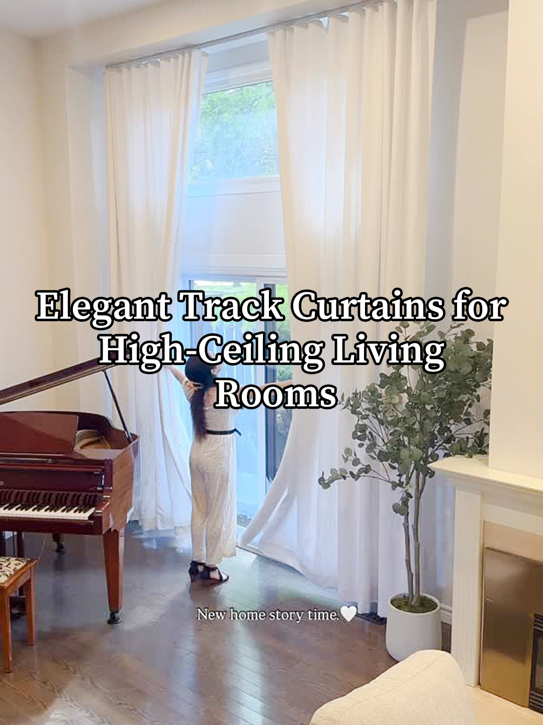Elegant Track Curtains for High-Ceiling Living Rooms!  @mauve.music chose track curtains to complement the soaring ceilings of this room. The sleek design enhances vertical lines, softens natural light, and creates a balanced sense of scale,bringing both drama and comfort to the space.  #twopagescurtains #twopageshome #musicroom #floortoceilingwindows #customcurtain #hometour #pumpkinseason #fallaesthetic #cozyathome #livingroomdecor