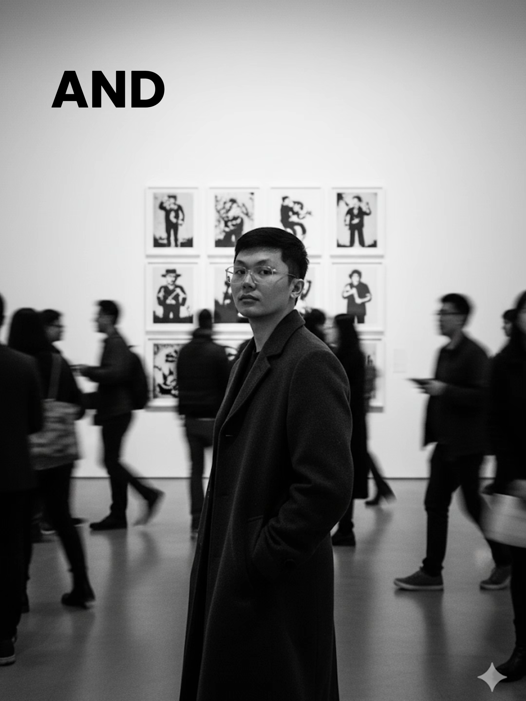 Gemini AI prompt ➡️body shot) he is wearing a long dark coat with his hand in the pocket, standing out from the blurry crowd moving past him. The background wall is framed. Banksy’s artwork is in a grid arrangement, slightly blurred for depth. The mood is moody, cinematic, and introspective.