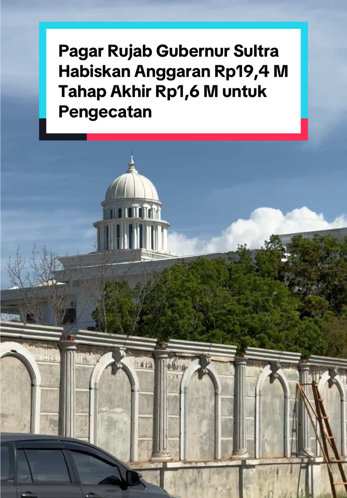 Pembangunan pagar Rumah Jabatan (Rujab) Gubernur Sulawesi Tenggara (Sultra) menelan anggaran yang cukup besar, totalnya Rp19,4 miliar. Pekerjaan pembangunan dilakukan secara bertahap. Pada tahap pertama dialokasikan Rp800 juta, tahap kedua Rp9 miliar, dan tahap ketiga Rp8 miliar. Sementara pada tahap akhir, kembali dianggarkan Rp1,6 miliar yang diperuntukkan untuk pengecatan dan pemasangan berbagai aksesori pendukung pagar. Pagar Rujab Gubernur Sultra ini terletak di Jalan Taman Suropati, Kecamatan Mandonga, Kota Kendari, membentang sepanjang kurang lebih 900 meter dengan ketinggian bervariasi antara 5 hingga 8 meter. #rujabgubernursultra #pagar #gubernur #sulawesitenggara #fyp 