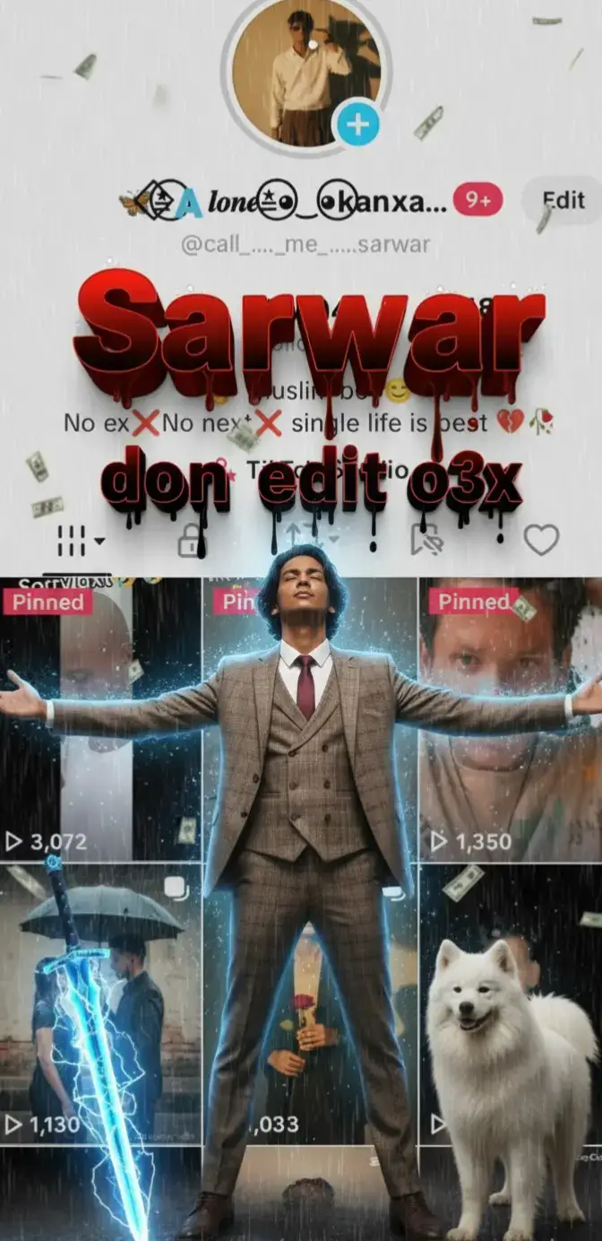 Create a cinematic digital poster for a tik tok account in the background clearly small display the uploaded profile screenshot without binding or blurring any part 414 the image is should remain sharp and redable showing every detail that naturally appears in the profile (such as stars,icons, texture,badges, numbers,tags, buttons,) and must be fully visible and understand to the viewer in the fore ground place the upload big character image standing in a proud victories pose-with both arms stretched outward (t-pose) the character's head should be titled slightly upward facing the sky with a heroic and thankful experience include a glowing blue sword by his side and his pet standing nearby add dramatic rain, flying money, cinematic glow and soft shadows to enhance the character and profile are clearly visible and not overlapping confusingly  In the centres of the poster overlay blood, glowing 3D tiktok tyleCreate a cinematic digital poster for a tik tok account in the background clearly small display the uploaded profile screenshot without binding or blurring any part 414 the image is should remain sharp and redable showing every detail that naturally appears in the profile (such as stars,icons, texture,badges, numbers,tags, buttons,) and must be fully visible and understand to the viewer in the fore ground place the upload big character image standing in a proud victories pose-with both arms stretched outward (t-pose) the character's head should be titled slightly upward facing the sky with a heroic and thankful experience include a glowing blue sword by his side and his pet standing nearby add dramatic rain, flying money, cinematic glow and soft shadows to enhance the character and profile are clearly visible and not overlapping confusingly  In the centres of the poster overlay blood, glowing 3D tiktok tyle Text: