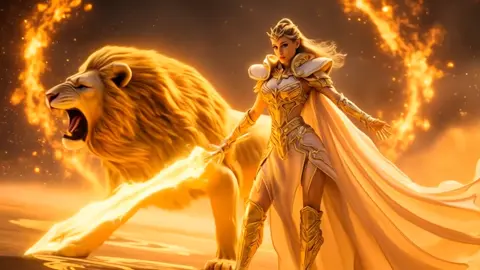 🦁 The Ground roars with the sound of the lion! Leo Guardian Knight stands proudly beside her golden lion companion, sword blazing with solar fire. She swings it in a brilliant arc, unleashing a wave of light that burns away the darkness. Do you dare stand in her way? Is this your zodiac sign? #LeoGuardian #Leo #Guardian #Knight #SolarPower #Solar #Epic #Lion #Power ##Mythical#Fantasy #Warrior #Celestial  #EpicFantasy #Legendary #Superhero #Heroic #Hero #Zodiac 