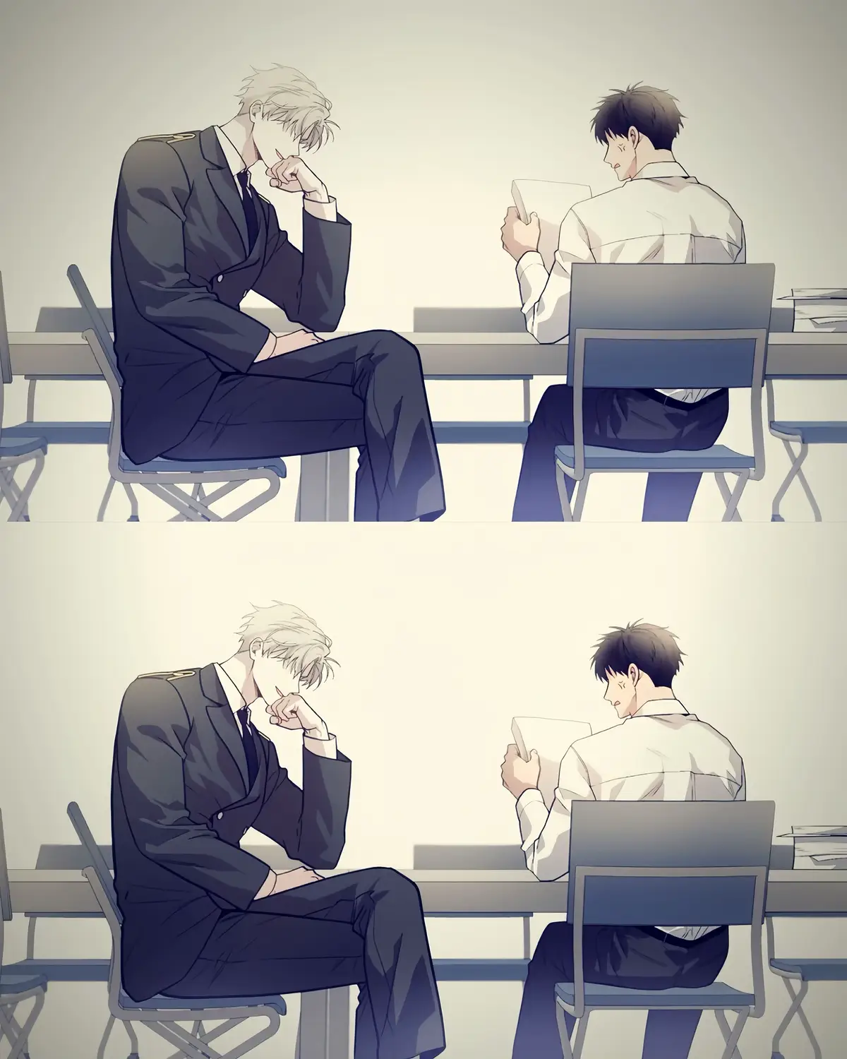 “眼神交汇，不言中已尽万语千言” “Ánh mắt giao nhau, chưa nói gì mà tựa như vạn lời đã thốt ra.” Chỉ một khoảnh khắc thoáng nhìn, không hẹn mà gặp, như có một dòng chảy ngầm cuốn cả hai vào cùng một nhịp thở. Giữa căn phòng tĩnh lặng, tiếng giấy lật khẽ vang, nhưng khoảng cách nơi bàn làm việc bỗng trở nên mong manh. Bàn tay vẫn lật giấy, dáng vẻ như chẳng mảy may bận tâm, nhưng trái tim thì đã sớm lạc nhịp. Còn người đối diện, tưởng như thản nhiên, nhưng từng hơi thở lại phơi bày sự dao động chẳng thể giấu đi. Ánh mắt kia, vô tình mà thấu tận tâm can. “Tựa như định mệnh đã an bài, khải huyền dịu dàng cũng nguyện trao cho người.”  | caption by @fr4sh . | #passion #fyp #xyzbca #failuregr #freshfruit_1807 