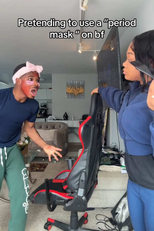 Pretending to use a “period mask”on bf. 🤣🤣#prank #fouyou #fyp #interesting #reaction #bf #funny 