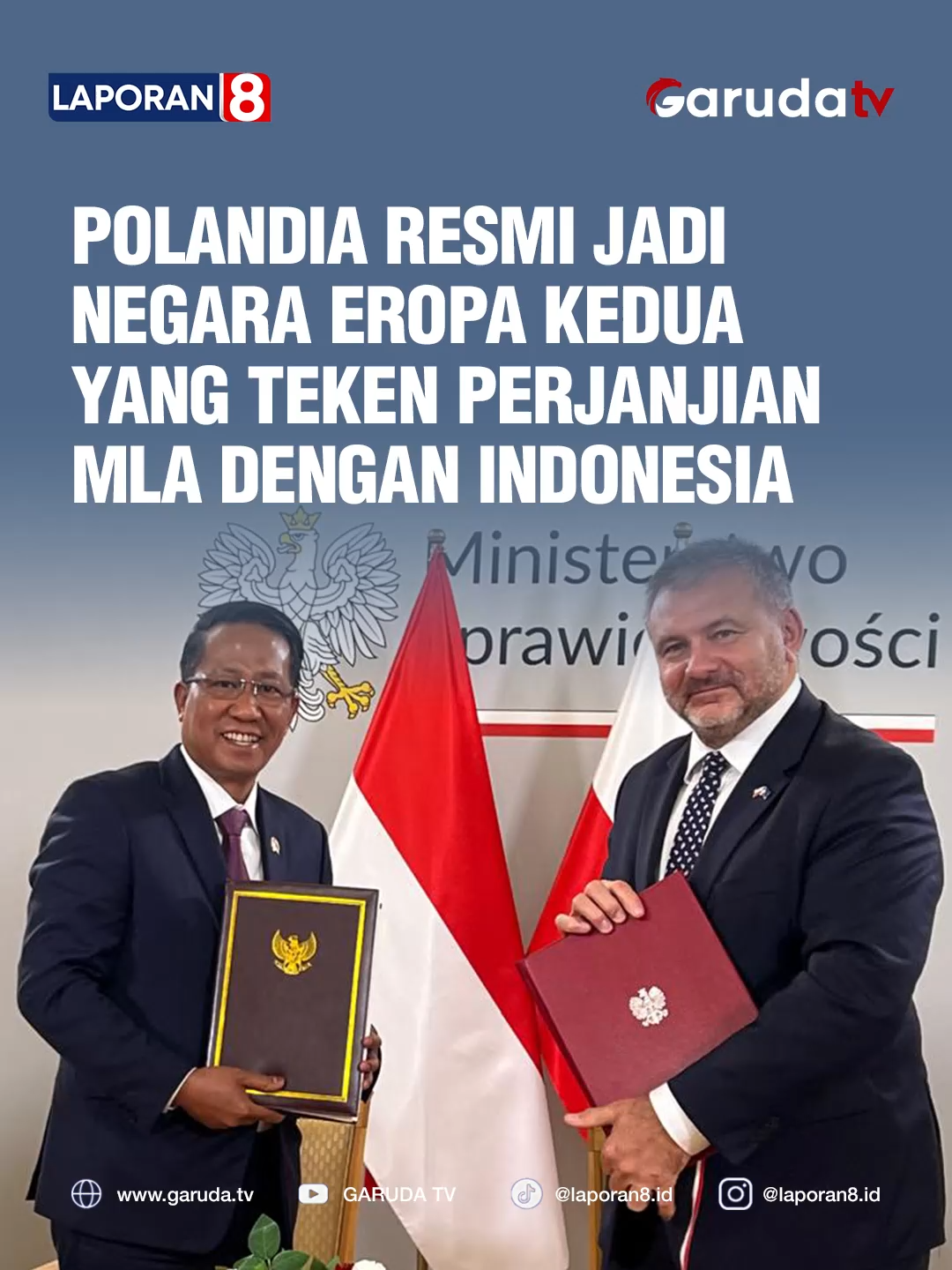 𝐏𝐨𝐥𝐚𝐧𝐝𝐢𝐚 𝐑𝐞𝐬𝐦𝐢 𝐉𝐚𝐝𝐢 𝐍𝐞𝐠𝐚𝐫𝐚 𝐄𝐫𝐨𝐩𝐚 𝐊𝐞𝐝𝐮𝐚 𝐘𝐚𝐧𝐠 𝐓𝐞𝐤𝐞𝐧 𝐏𝐞𝐫𝐣𝐚𝐧𝐣𝐢𝐚𝐧 𝐌𝐋𝐀 𝐃𝐞𝐧𝐠𝐚𝐧 𝐈𝐧𝐝𝐨𝐧𝐞𝐬𝐢𝐚 Pemerintah Indonesia dan Polandia berhasil meneken perjanjian Bantuan Timbal Balik dalam Masalah Pidana atau Mutual Legal Assistance/ MLA. Hal ini merupakan bentuk komitmen penuh Indonesia dalam penegakan hukum lintas negara. Perjanjian tersebut ditandatangani langsung oleh Menteri Hukum RI, Supratman Andi Agtas dan Menteri Kehakiman Polandia, Waldemar Zurek yang berlangsung di kantor Kementerian Kehakiman Polandia, pada Jumat 19 September 2025. ‘’Polandia merupakan negara Eropa Kedua yang memiliki perjanjian MLA dengan Indonesia setelah Swiss. Ini merupakan wujud konkrit Pemerintah dalam pemberantasan kejahatan lintas negara, serta menjadi langkah besar Indonesia sebagai anggota Financial Action Task Force (FATF)” Kata Menkum saat pertemuan bilateral antara Menteri Hukum dan Wakil Menteri Luar Negeri Polandia di Warsaw (19/9/25). Menkum optimis penandatanganan Perjanjian MLA kedua negara ini dapat menjadi gerbang pembentukan kerja sama pembentukan perjanjian MLA antara Indonesia dengan negara-negara Uni Eropa serta negara-negara mitra lainnya. Sementara itu Menteri Kehakiman Polandia , Waldemar Zurek  menyambut baik penandatanganan MLA antara Indonesia dan Polandia dan akan menjadi awal baru bagi kerjasama hukum kedua negara. Video | Naskah: istimewa | Awan Editor | Admin: Asas | Farra Saksikan Garuda TV di Free to Air atau Streaming melalui: www.garuda.tv | YouTube Garuda TV | Aplikasi Vidio | WeTV (Wewatch) | IndiHome CH111 | Transvision CH824 | FirstMedia CH45 #garudatv #laporan8 #MLA #Polandia #Indonesia #KerjaSamaInternational