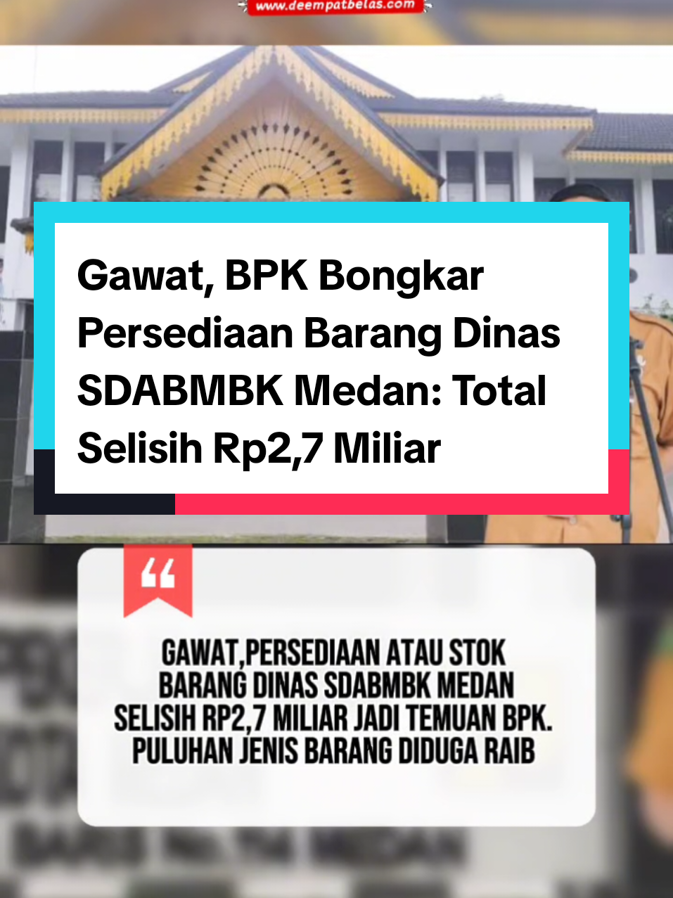 Gawat, BPK Bongkar Skandal Persediaan Barang Dinas SDABMBK Medan: Selisih Rp2,7 Miliar Tak Terjelaskan! Medan – Dugaan carut-marut pengelolaan aset di lingkungan Pemerintah Kota Medan kembali mencuat. Badan Pemeriksa Keuangan (BPK) mengungkap adanya kejanggalan besar dalam laporan persediaan barang milik Dinas Sumber Daya Air, Bina Marga, dan Bina Konstruksi (SDABMBK). Selisih antara catatan administrasi dan barang fisik mencapai Rp2,73 miliar, namun pihak dinas tak mampu memberikan penjelasan yang memadai. Hasil audit BPK menemukan fakta mencengangkan, ternyata persediaan barang di gudang milik Dinas SDABMBK  yakni gudang pusat di Kantor Dinas SDABMBK, gudang Jalan Gatot Subroto, dan gudang Pembibitan Tunggul Itam (PTI) tidak sesuai laporan. Padahal, saldo persediaan per 31 Desember 2024 yang dilaporkan mencapai Rp15,14 miliar. Audit fisik (stock opname) dilakukan secara uji petik pada 08 dan 11 Maret 2025. Dari hasil penghitungan, terdapat selisih barang senilai Rp2.734.201.694,14.  Ironisnya, Pengurus Barang dan petugas admin yang bertanggung jawab atas pencatatan tidak mampu menunjukkan dokumen pendukung terkait mutasi barang tersebut. BPK menilai, lemahnya pengawasan dan tidak adanya serah terima barang antar pengurus menjadi penyebab utama kekacauan ini. Selain itu, kegiatan stock opname akhir tahun yang seharusnya menjadi dasar laporan keuangan justru diabaikan. “Saldo persediaan sebesar Rp15,14 miliar yang disajikan dalam laporan tidak mencerminkan kondisi riil karena selisih Rp2,73 miliar tidak dapat dipertanggungjawabkan,” tegas laporan BPK. Temuan ini menambah daftar panjang persoalan tata kelola aset pemerintah daerah. Publik kini menanti langkah tegas Wali Kota Medan dan aparat penegak hukum untuk mengusut dugaan penyimpangan di Dinas SDABMBK. #sdabmbkkotamedan #fyppppppppppppppppppppppp #beritatiktok #pemkomedan #kejatisumut @ricowaas_official @pemkotmedan @KEJAKSAAN TINGGI SUMUT @RICO TRI PUTRA BAYU WAAS @DPRD Kota Medan @Kejaksaan.RI @Bachtiar Ok@kejaksaannegerimedan  @poldasumatrautara @1718CLUE 