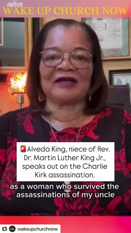 #Repost @wakeupchurchnow with @use.repost ・・・ Alveda King, niece of Rev. Dr. Martin Luther King Jr., responds to Charlie Kirk’s assassination: “I know the pain of losing loved ones to assassination. Today, I grieve with the family of Charlie Kirk. In his life, Charlie stood boldly for faith, for life, and for truth. He was not afraid to proclaim the name of Jesus—even when it cost him everything. Now is not the time to attack him. It is time to honor his legacy, pray for his family, and ask ourselves the question he so often raised: Where will you spend eternity?” 🎥 @alvedaking  #jesus#CharlieKirk #Faith #Truth  